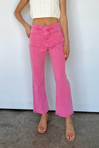 Pink Ankle-length Flare Leg Raw Hem Jeans