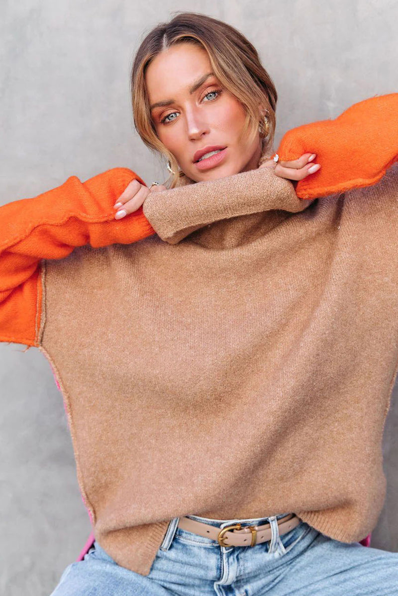 Clay Red Color Block Turtle Neck Drop Shoulder Knit Sweater