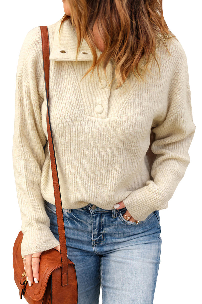 Khaki Buttoned Turn Down Collar Comfy Ribbed Sweater