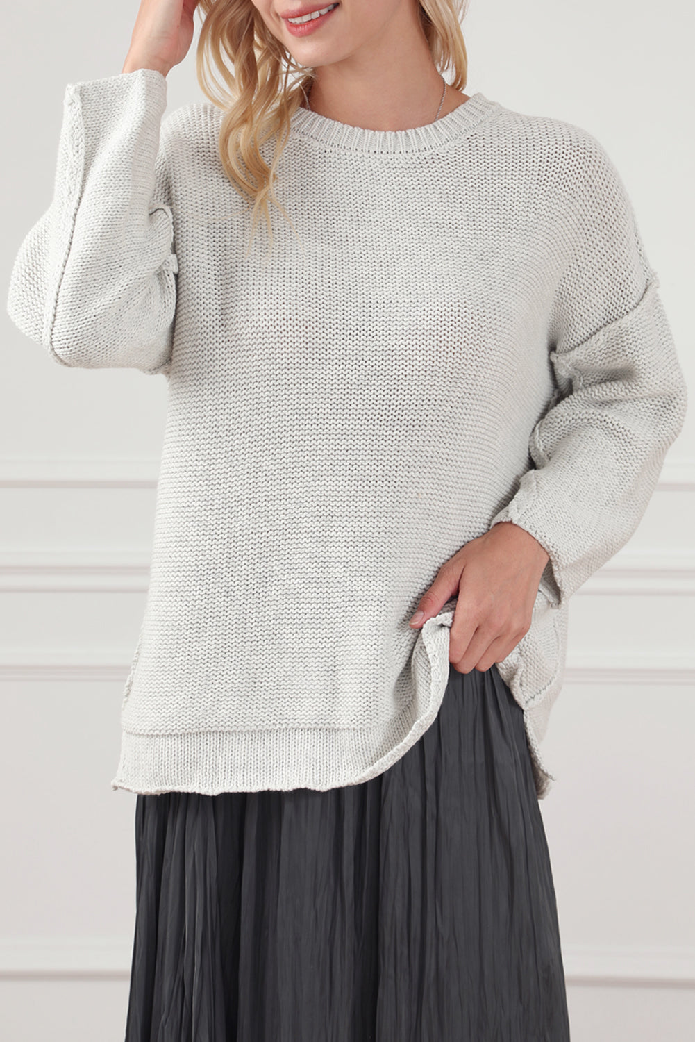 Beige Slouchy Textured Knit Loose Sweater