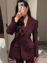 Elegant Solid Slim Blazer Jacket Women Long Sleeve Lapel Shoulder Pads Single Breasted Coat 2025 Spring Lady Office Outwear