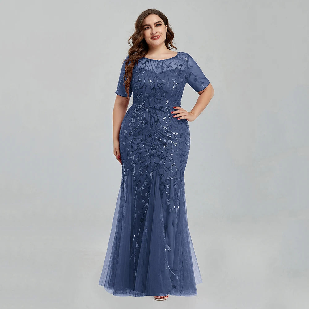 Women Plus Size Sequin Mesh Embroidery Mermaid  Evening Dress Formal Short Sleeve Elegant Party Prom Gowns 2020 New Long Dress