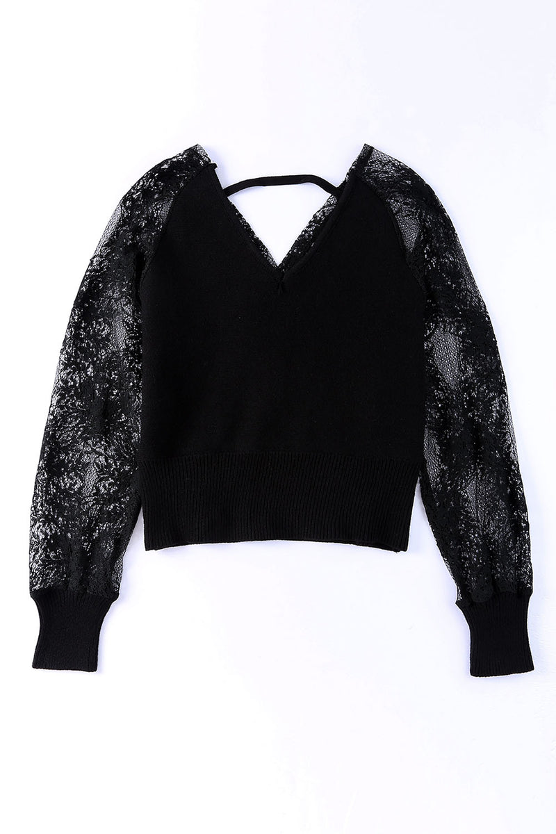 Black V-Neck Lace Sleeve Pullover Sweater