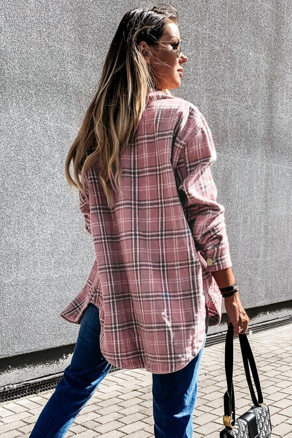 Black Plaid Pattern Buttoned Shirt Coat with Slits