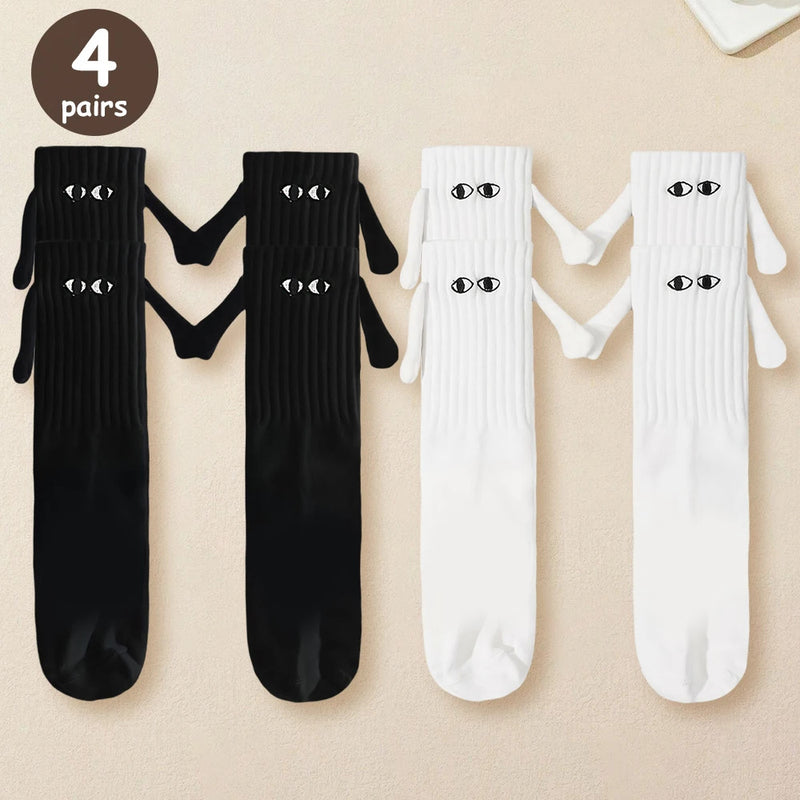 2/4/6/10 Pairs Magnetic Socks With Hands Women Men Fashion Black White Funny Cute Cartoon Eyes Couple Mid Tube Socks For Gifts