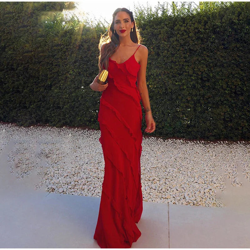 2024 Elegant Red Chiffon Slip Dresses for Women Sexy Spaghetti Strap Backless Lace-up Ruffles Long Maxi Evening Party Prom Dress