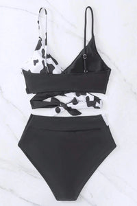 Black Contrast Cow Pattern Crossed Bikini