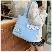 2024 New Sanrio Handbag Cartoon Cute Down Fabric Kuromi Tote Bag Shoulder Pacha Dog Cute Stationery Bag Large Capacity Handbag