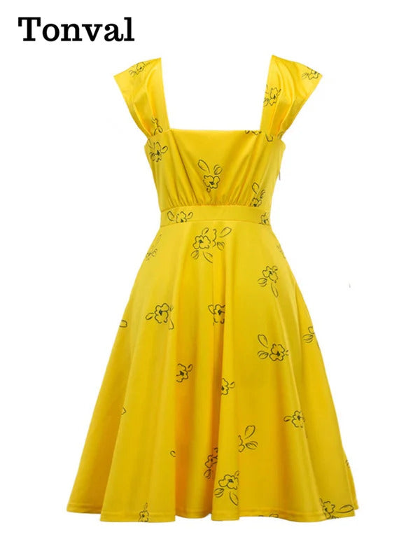 Tonval Vintage Yellow Cute Floral Print Dresses Casual Summer Women Cap Sleeve Square Collar Backless Elegant Skater Dress