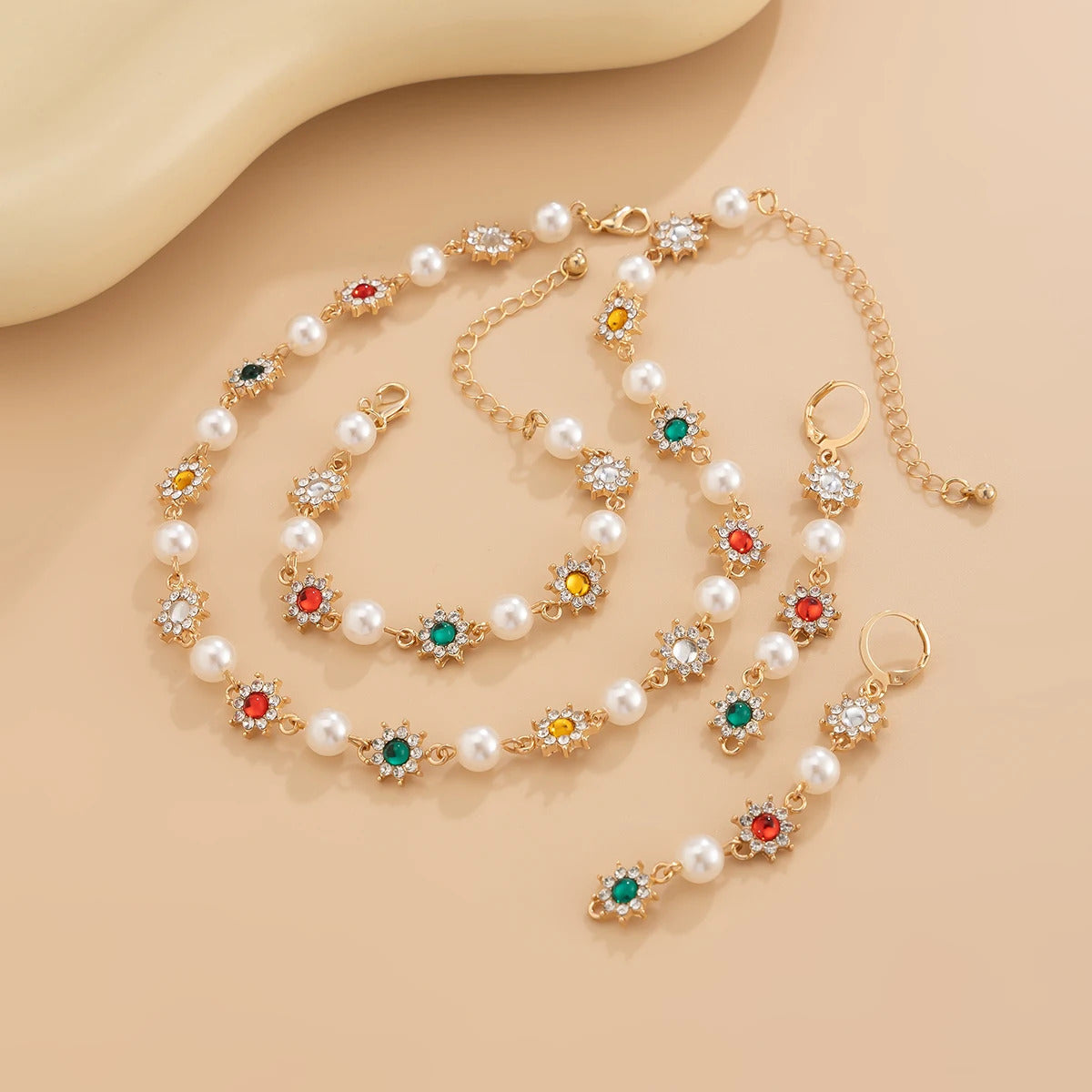 SHIXIN Luxury Shinny Colorful Rhinestone Short Necklace Bracelet Earrings Women Imitation Pearl Choker Christmases Jewelry Set