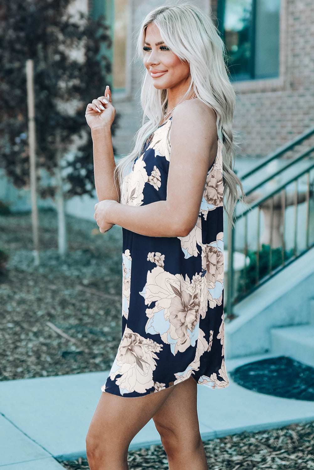 White Palm Tree Leaf Print Ivory Sleeveless Dress