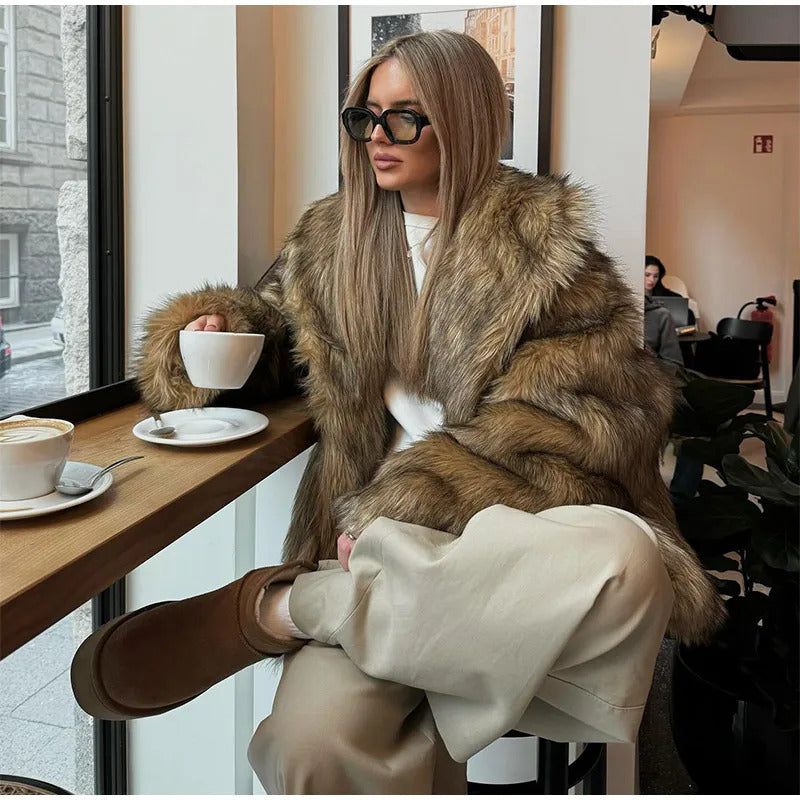 2025 Women Chic Brown Oversized Full Sleeve Plush Furry Jacket Winter Luxury Lapel Thicken Fluffy Fur Coat Lady High Streetwear