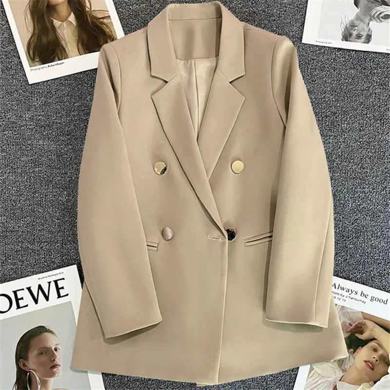 Solid Casual Coat Metal Buckle Small Suit Jacket Women Clothing Summer Double Breasted Office Lady Elegant Blazers Thin Autumn