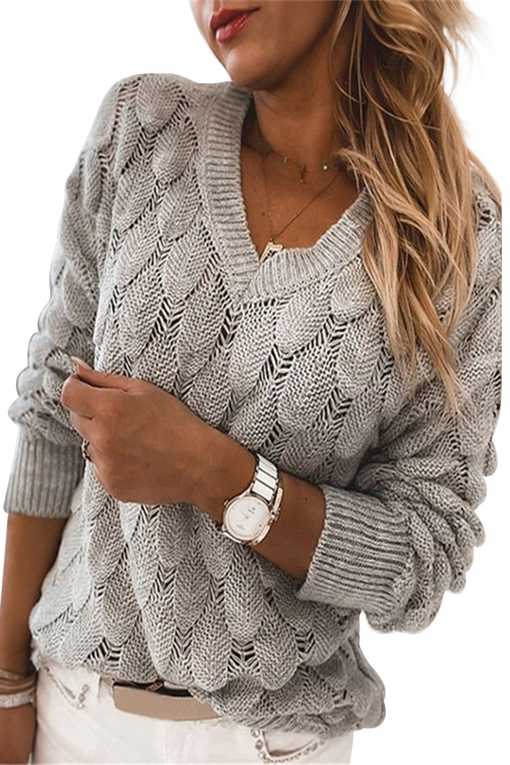 Gray Feather Hollowed-out V-neck Long Sleeve Knitted Sweater