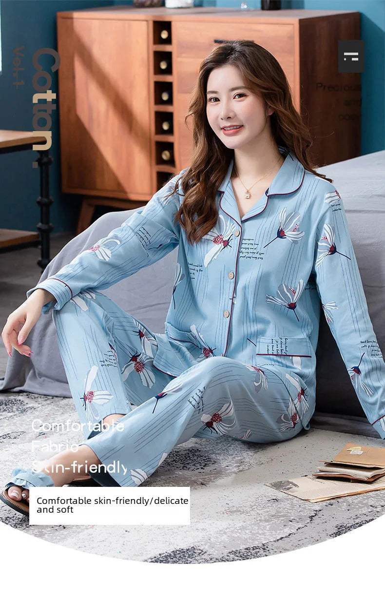 100% Cotton Long Sleeve Cardigan Pajama Set For Middle-aged Elderly Women Autumn Outer Wear Homewear