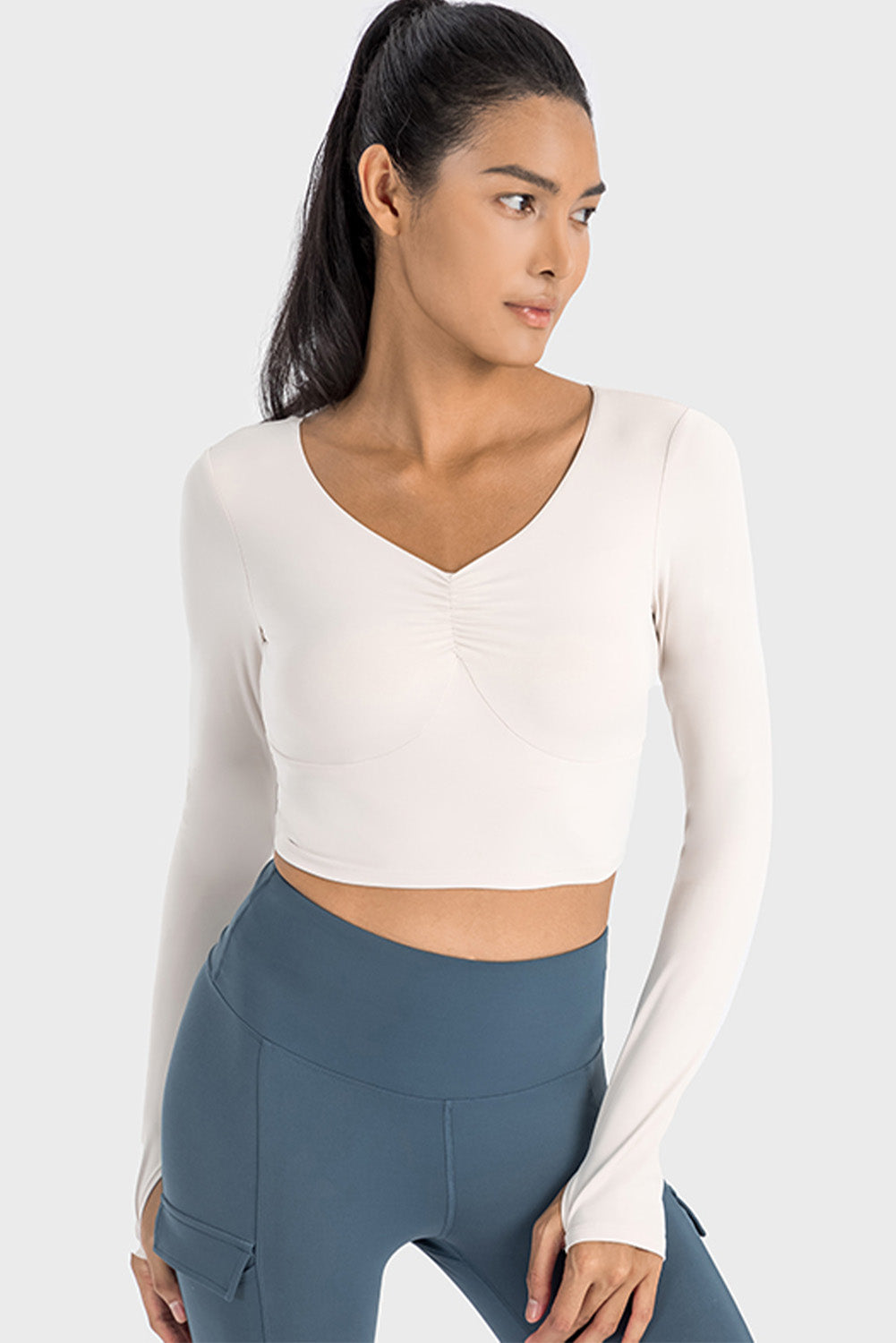 White V Neck Long Sleeve Cropped Sports Top