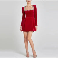 Slim Rhinestone Square Collar Dress Women Elegant Velvet Long Sleeve High Waist A-line Mini Dresses 2025 New Lady Party Vestidos