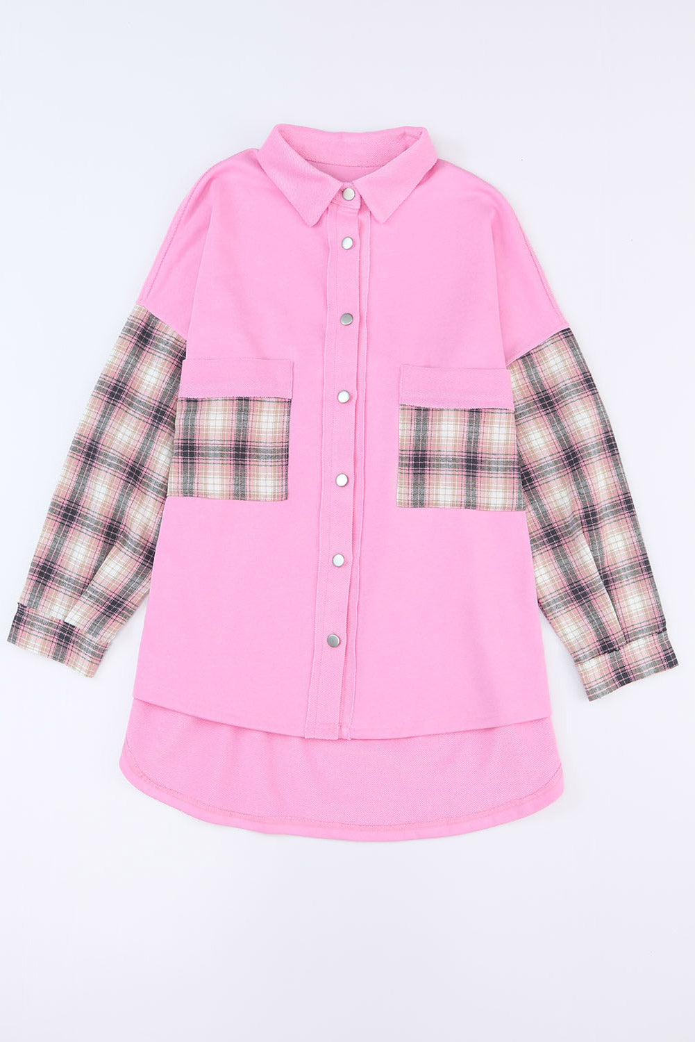 Black Plaid Patchwork Chest Pockets Oversized Shirt Jacket