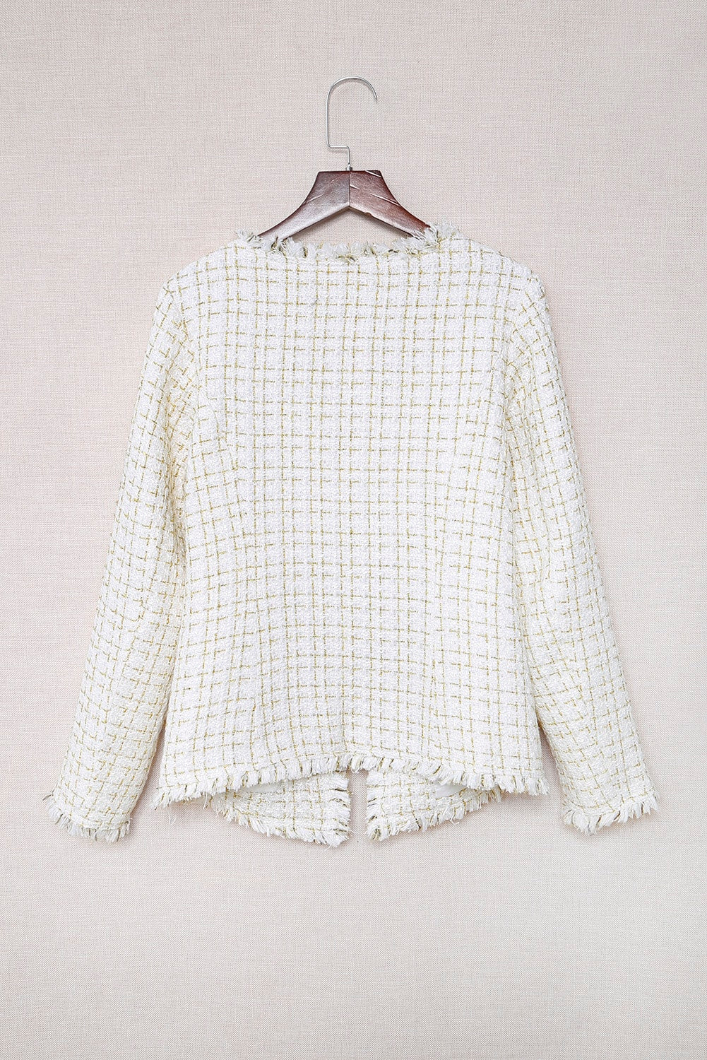 Frayed Slim-fit Open Front Plaid Jacket