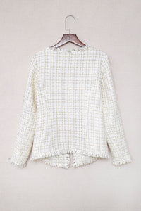 Frayed Slim-fit Open Front Plaid Jacket