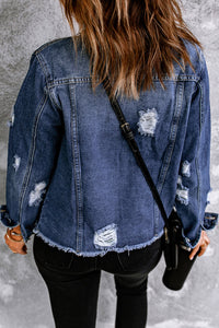 Dark Blue Plus Size Distressed Flap Pocket Denim Jacket