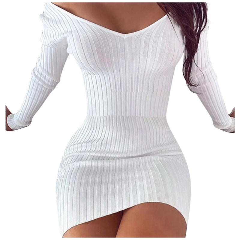 Sexy Off Shoulder Long Sleeve Bodycon Dress For Women 2024 Spring Autumn White Knitted Sweater Mini Woman Dresses Robe Femme