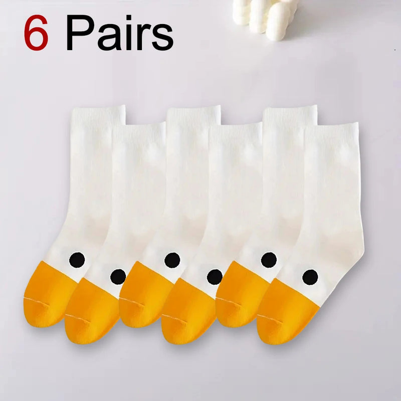 1/6 Pairs Cartoon Women Socks Fashionable And Versatile Cute Design Funny Goose Breathable Soft Comfortable Women Casual Socks﻿