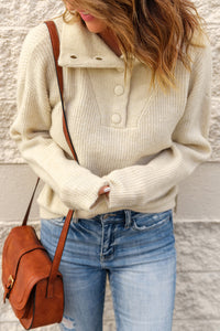 Khaki Buttoned Turn Down Collar Comfy Ribbed Sweater