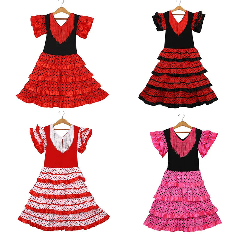 Dress Women 2024 Europe America Short Sleeve Midi Dress Traditional Spanish Dance Dress For Girls Festival Tassel Dot Dress