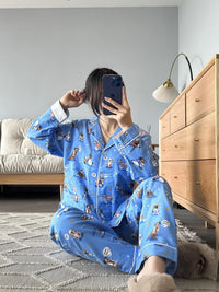 100% Cotton Pajamas for Women Loose Cartoon Long Sleeve Pants Loungewear Women 2 Piece Set Pj Women Outfit Sleepwear Set Pijamas