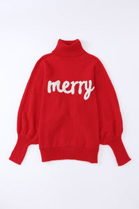 Blackish Green Merry Letter Embroidered High Neck Sweater