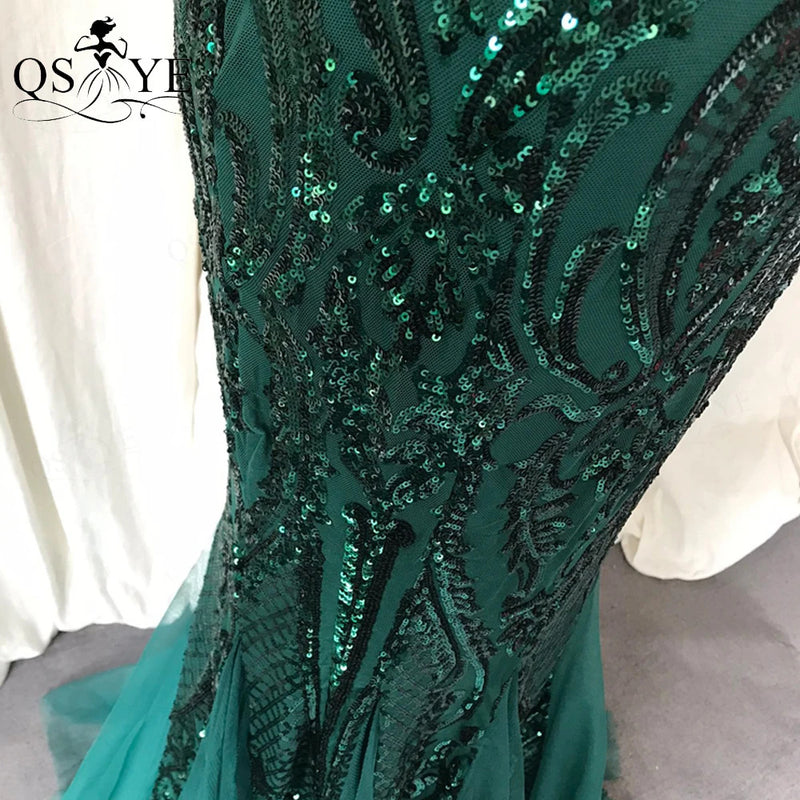 One Shoulder Emerald Evening Dresses Green Sequined Long Mermaid Prom Gown Glitter Elegant Party Dress Pattern Lace Formal Dress