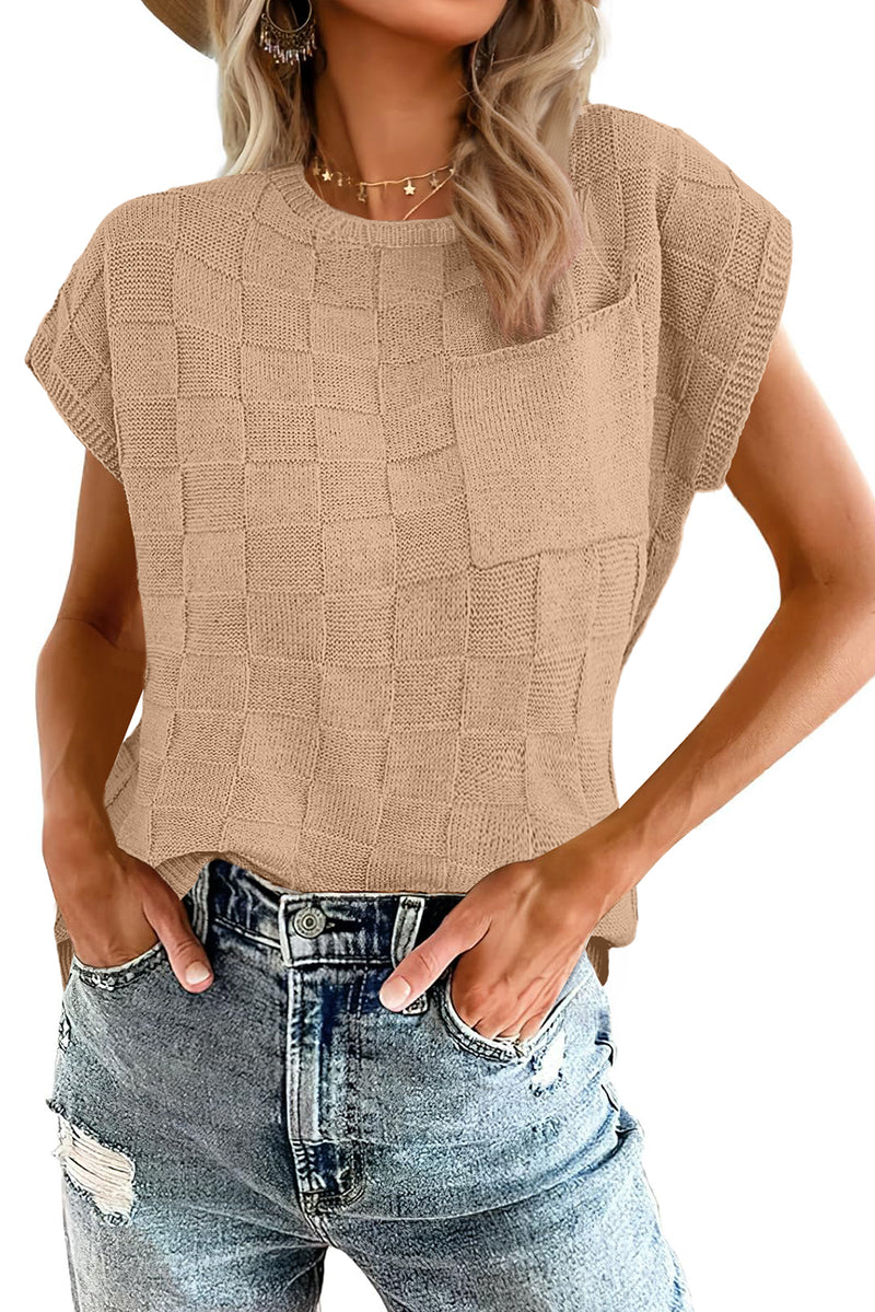 Smoke Gray Lattice Textured Knit Short Sleeve Sweater