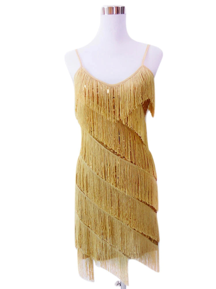 Women Sexy Tassel  Latin Dress Tiered Fringe Flapper Dress Evening Nightclub Dancing Fancy Costumes C-Neck Sequin Dress