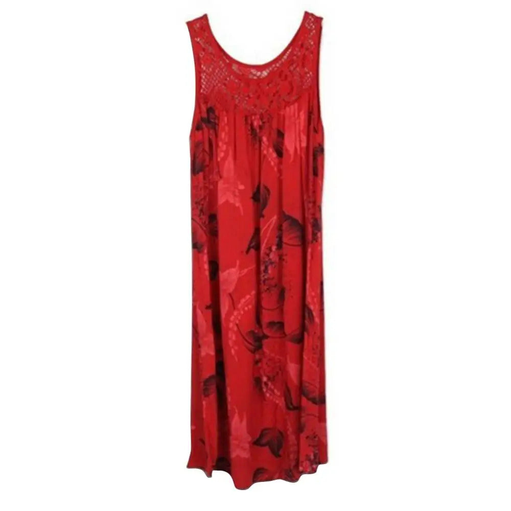 Plus Size Floral Printed Lace Stitching O-Neck Sleeveless Women Summer Loose Tank Dress