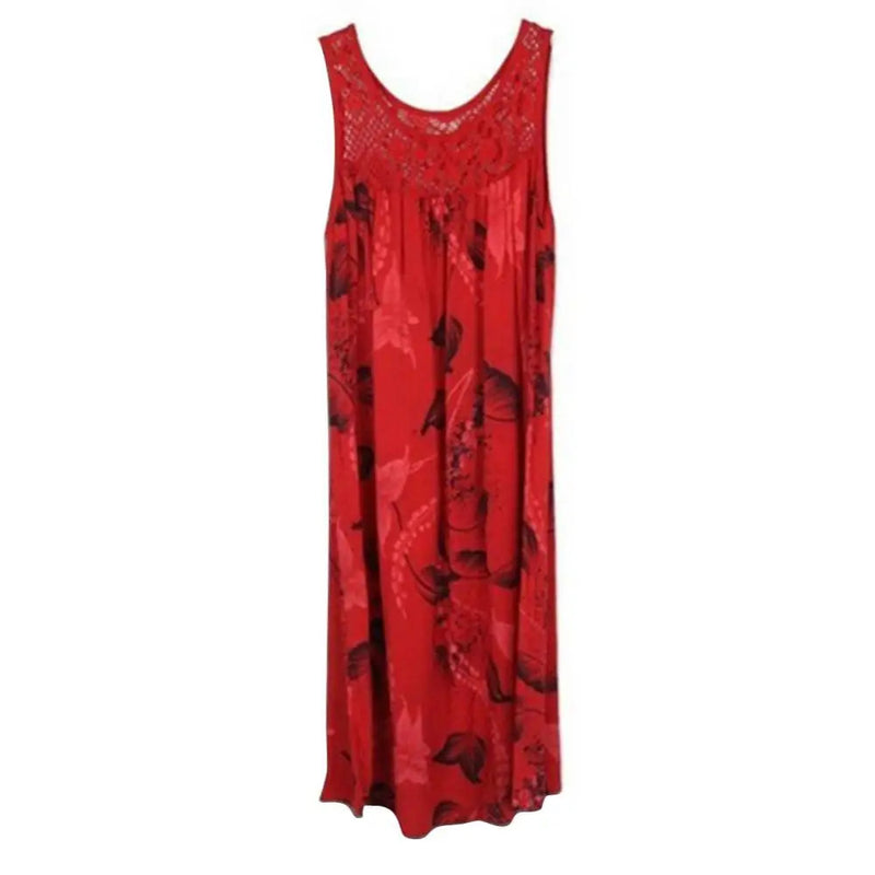 Plus Size Floral Printed Lace Stitching O-Neck Sleeveless Women Summer Loose Tank Dress