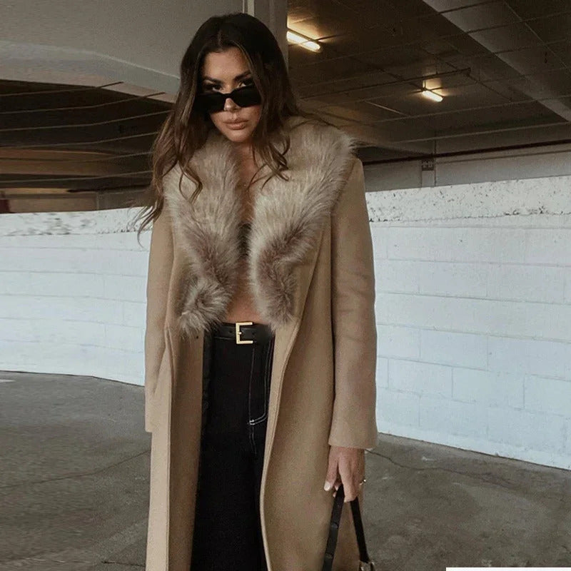 Elegant Woolen Lace Up Long Coat Women Mao Mao Big Lapel Long Sleeve Overcoat Female 2024 Winter Fashion Thicken Warm Coats Lady