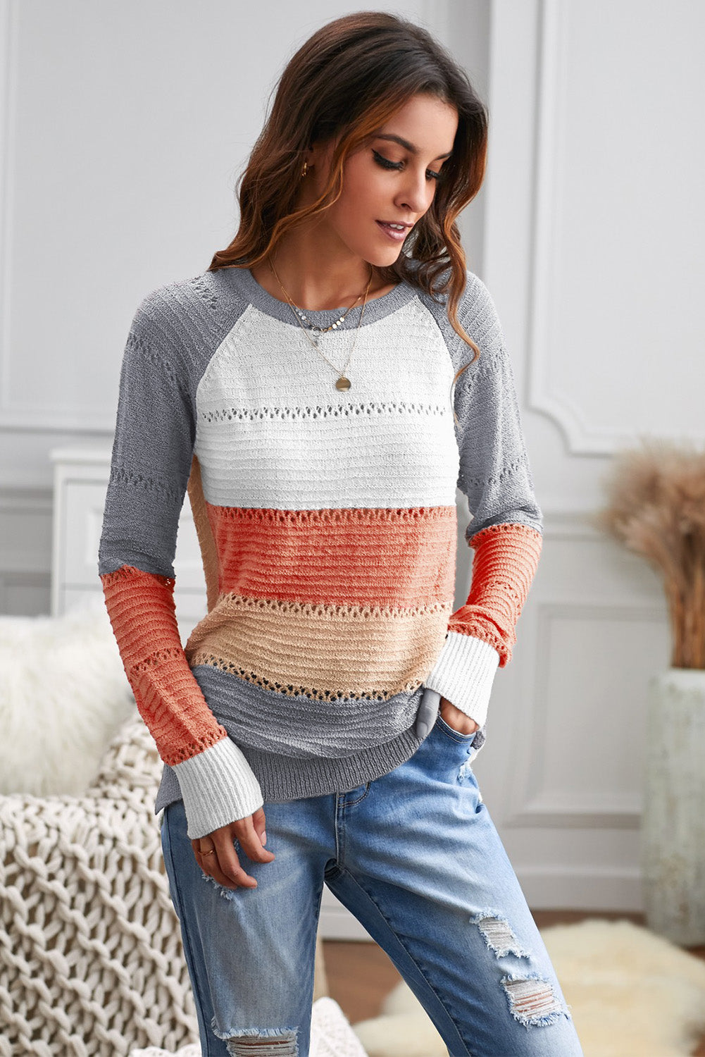 Wine Accent Knitted Color Block Long Sleeve Crew Neck Sweater