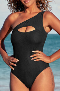 Black Ribbed One Shoulder Hollowed One Piece Swimsuit