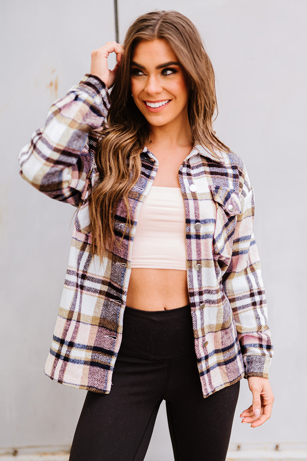 Blue Geometric Plaid Print Pocketed Shacket