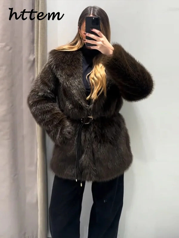 Street Women's Long Fluffy Fur Coat With Belt Slim Lapel Long Sleeve Thicken Overcoat 2024 Winter Lady Elegant Luxury Outwear