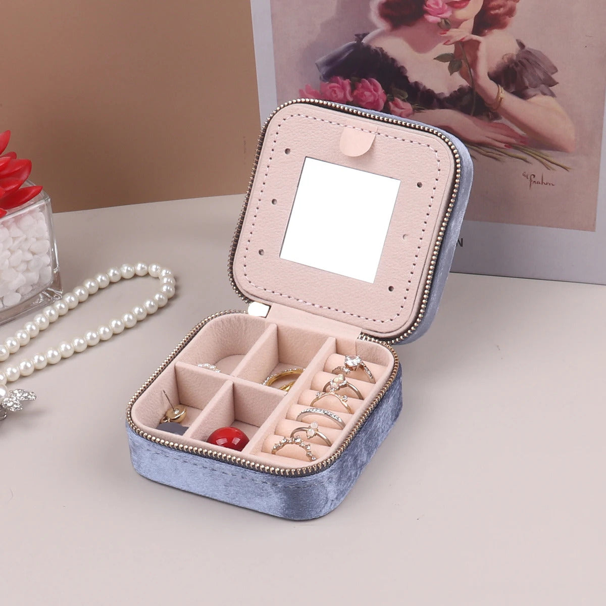 Velvet Jewelry Box For Women Geometric Sqaure Jewelry Storage Case Necklace Ring Earrings Travel Portable Zipper Boxes