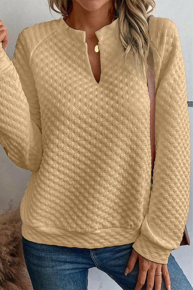 Light Pink Split Neck Quilted Long Sleeve Top