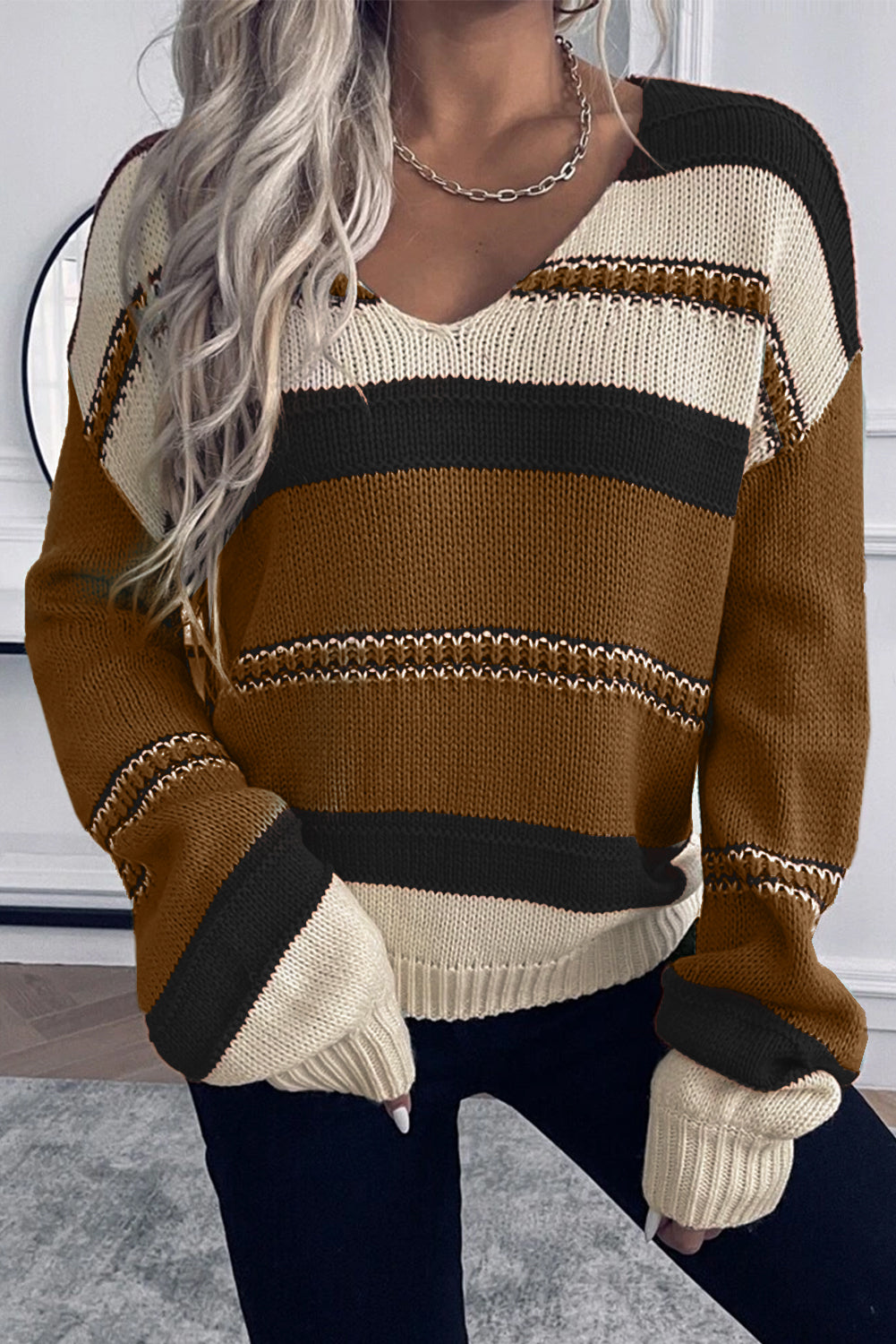 Coffee Striped Pattern Knit V Neck Sweater