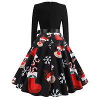 Vintage Dress Women Long Sleeve Print Christmas Dress Winter Elegant Swing Party Dresses Robe Femme Casual Rockabilly Vestidos