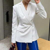 Elegant Women's Backless Black Suit 2024 Fall Chic Long Sleeve Covered Buttons Hollow Out Blazers White Tops Coat Outerwear