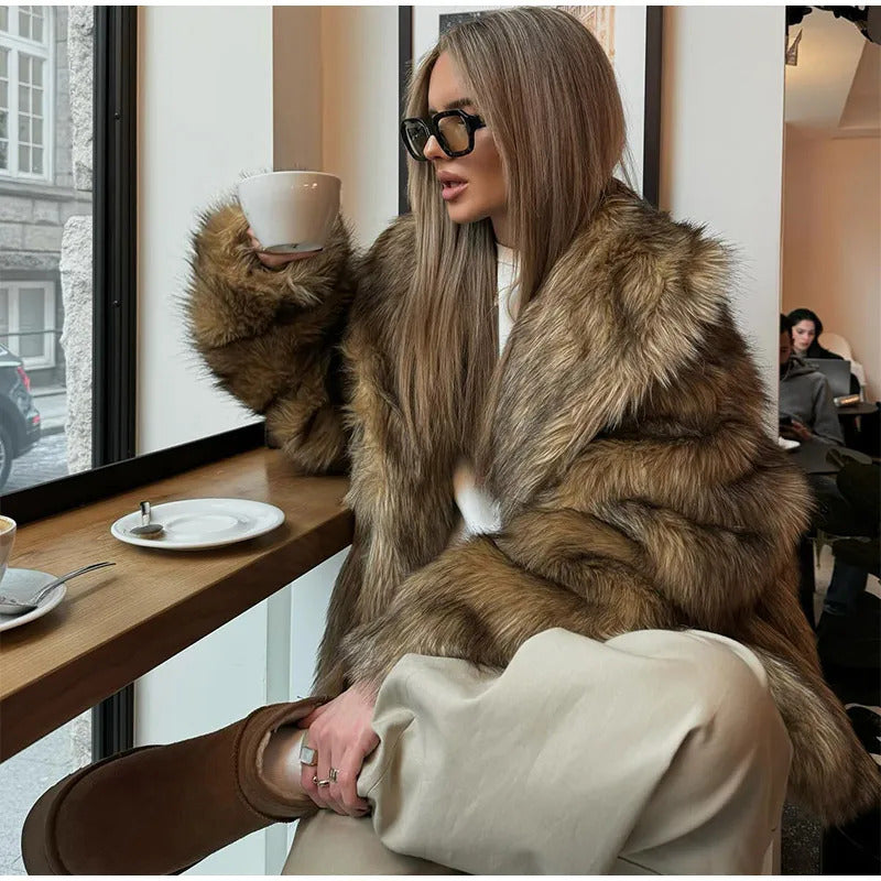 2025 Women Chic Brown Oversized Full Sleeve Plush Furry Jacket Winter Luxury Lapel Thicken Fluffy Fur Coat Lady High Streetwear