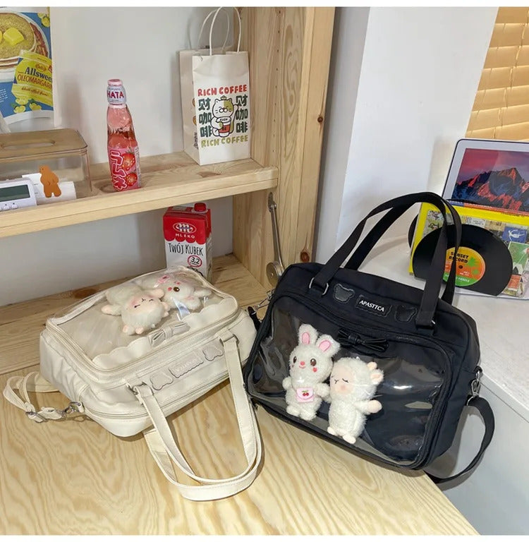 Japanese Cute Transparent Canvas Itabag Fashion Girls One Shoulder Bag Student Personality Crossbody Bag with Badge Doll Ita Bag