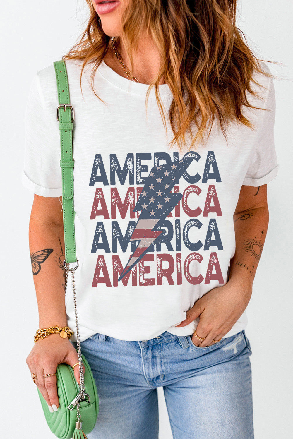 White AMERICA Flag Lightning Graphic Tee