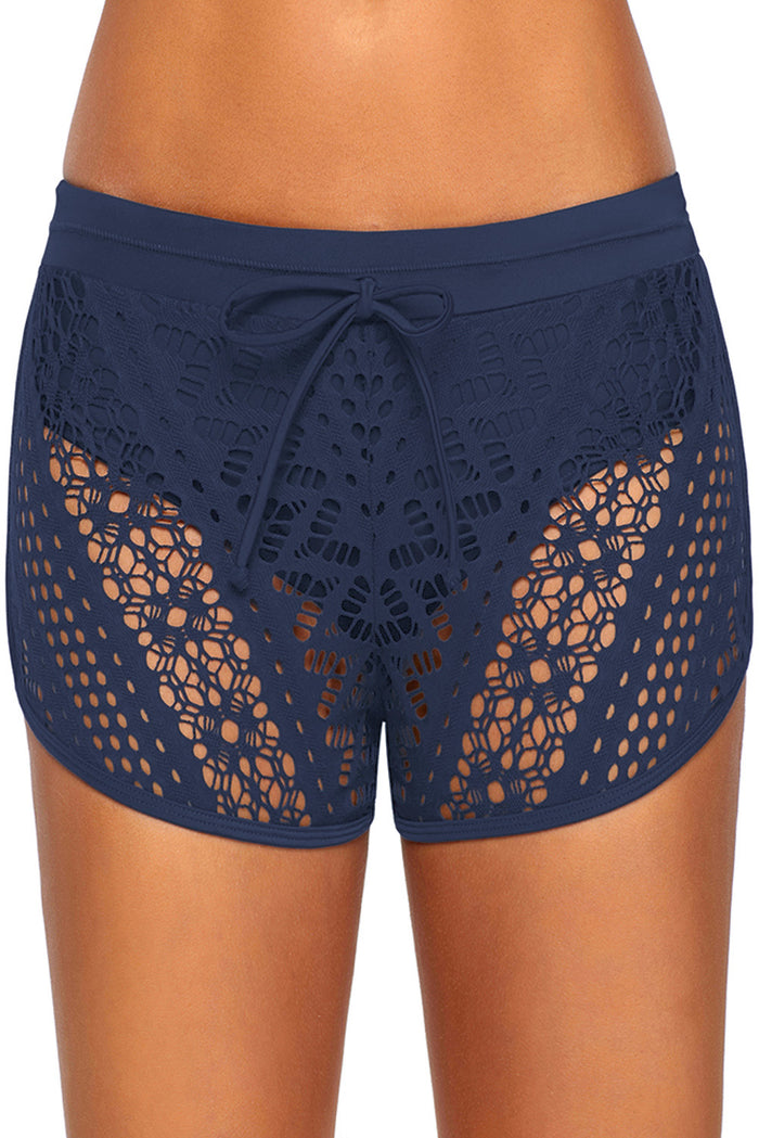 Blue Hollow Out Lace Overlay Swim Short Bottom